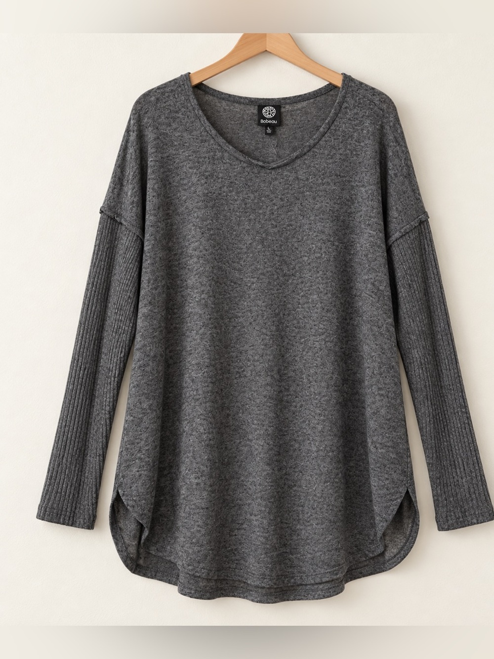 Soft Knit Heather Gray Top Ribbed Sleeves Relaxed Layer PJs Bobeau NWT XL #2448